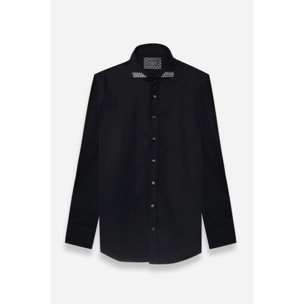 Camicia Uomo 1 Bottone Francese Contrasto sul Collo Popeline Stretch Unito Nero