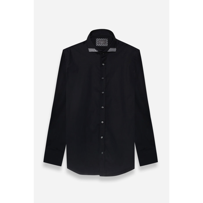 Camicia Uomo 1 Bottone Francese Contrasto sul Collo Popeline Stretch Unito Nero