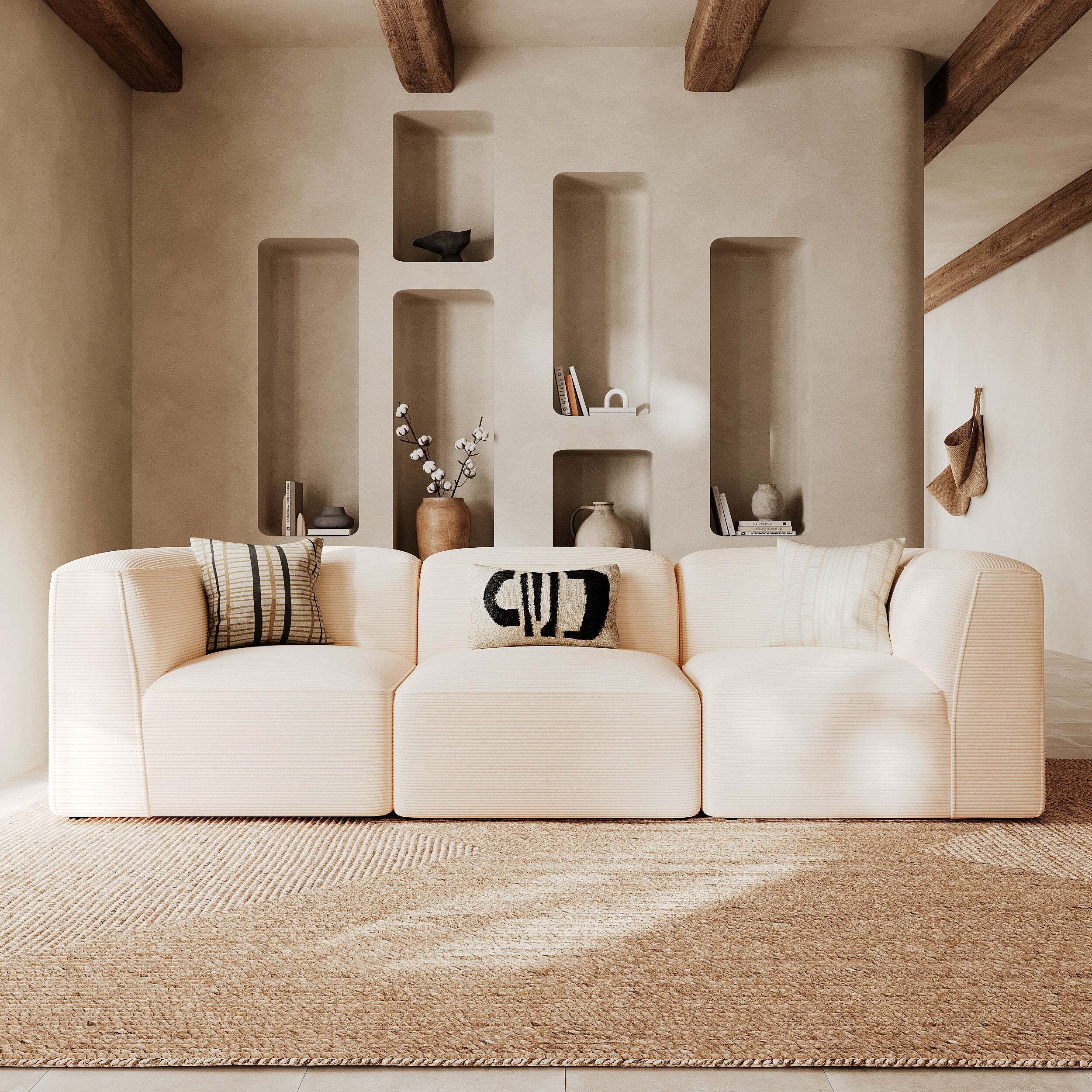 Angle gauche pour canapé modulable en velours blanc cassé - Mina