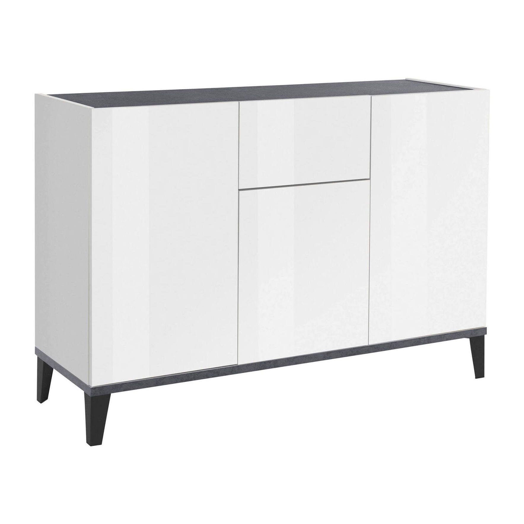 Credenza moderna a 3 ante e 1 cassetto, Made in Italy, Madia da cucina rialzata, Buffet di design da soggiorno, Cm 120x40h82, Bianco lucido e Ardesia