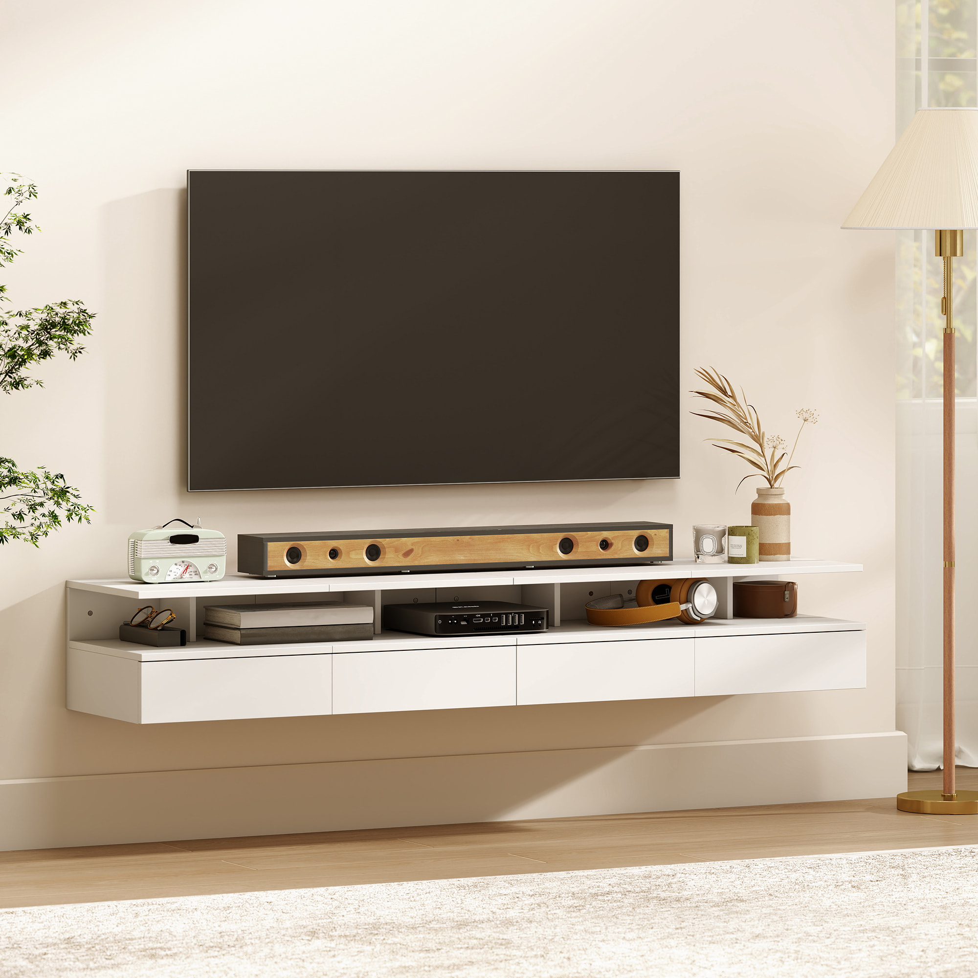 Juego de 2 Mesitas de Noche Flotantes con Cajón, Mesillas de Noche Dormitorio, Montado en la Pared, Estilo Moderno, para Sala de Estar, 35x32x22,5 cm, Blanco