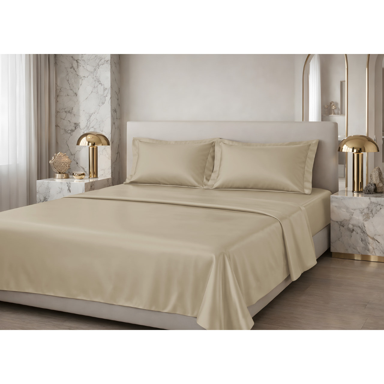 Completo Lenzuola Estate/Inverno 100% Raso Cotone Tinta Unita Beige 02 GI