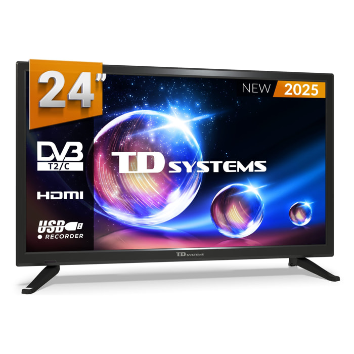 Televisor 24 Pulgadas HD No Smart TV, USB Grabador reproductor, Sintonizador digital DVB-T2/C - TD Systems PRIME24M20H