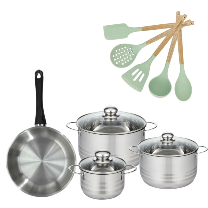 Lot 1 Poêle et 3 Faitouts Fackelmann Généva avec 5 ustensiles Océan