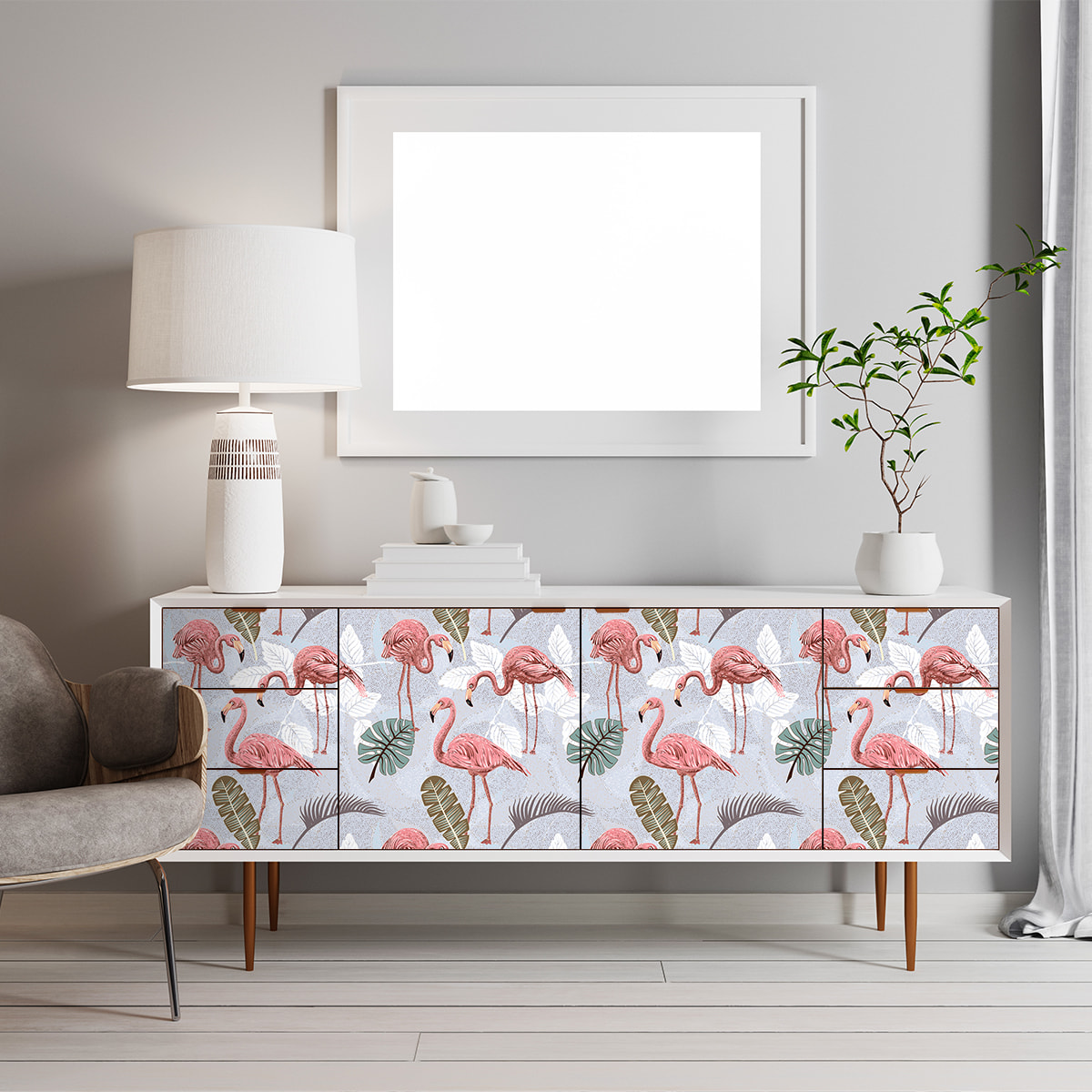 Sticker meuble tropical flamants roses 60 x 90 cm