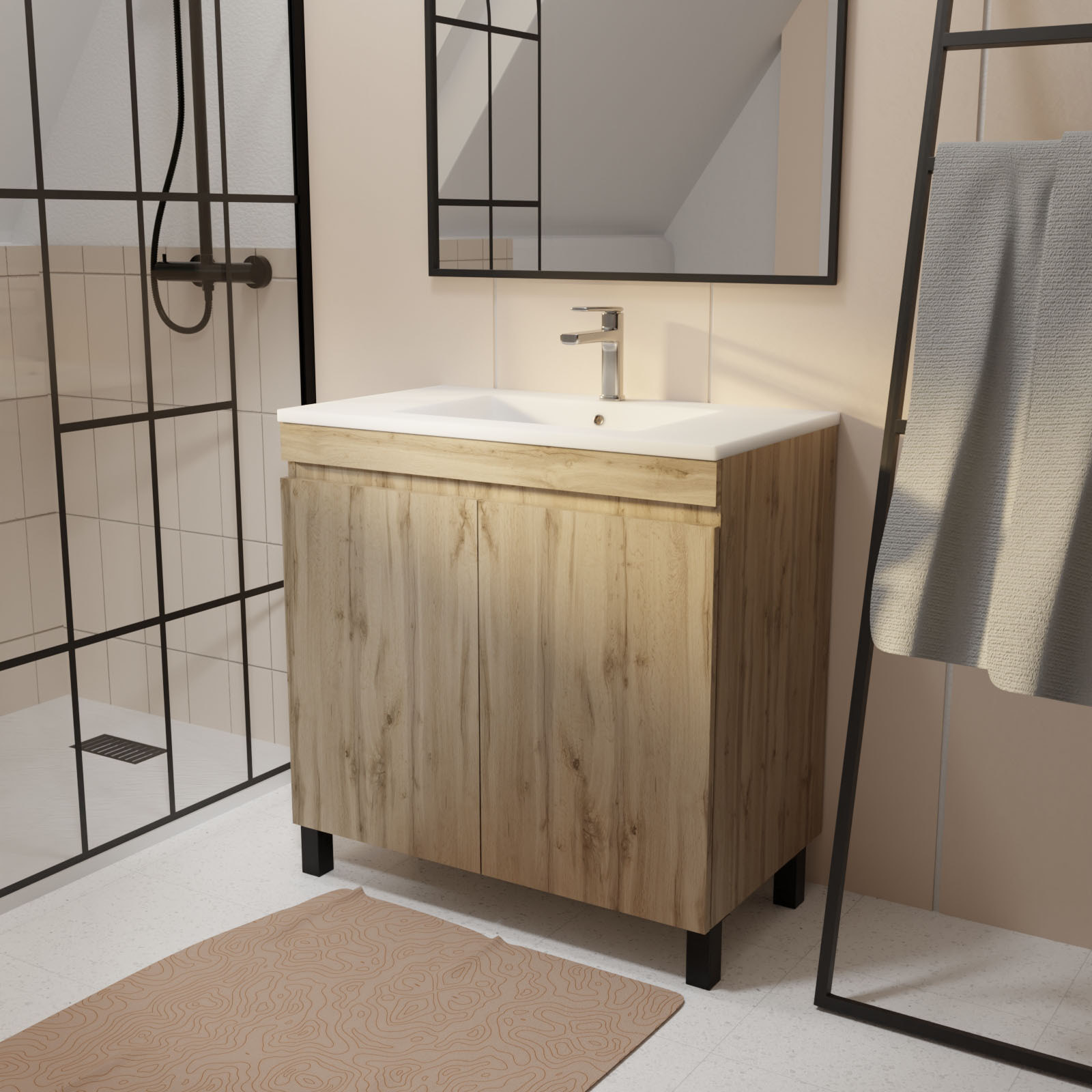 Meuble de salle de bains 80cm 2 Portes_Chêne Naturel + Vasque céramique blanche - TIMBER 80