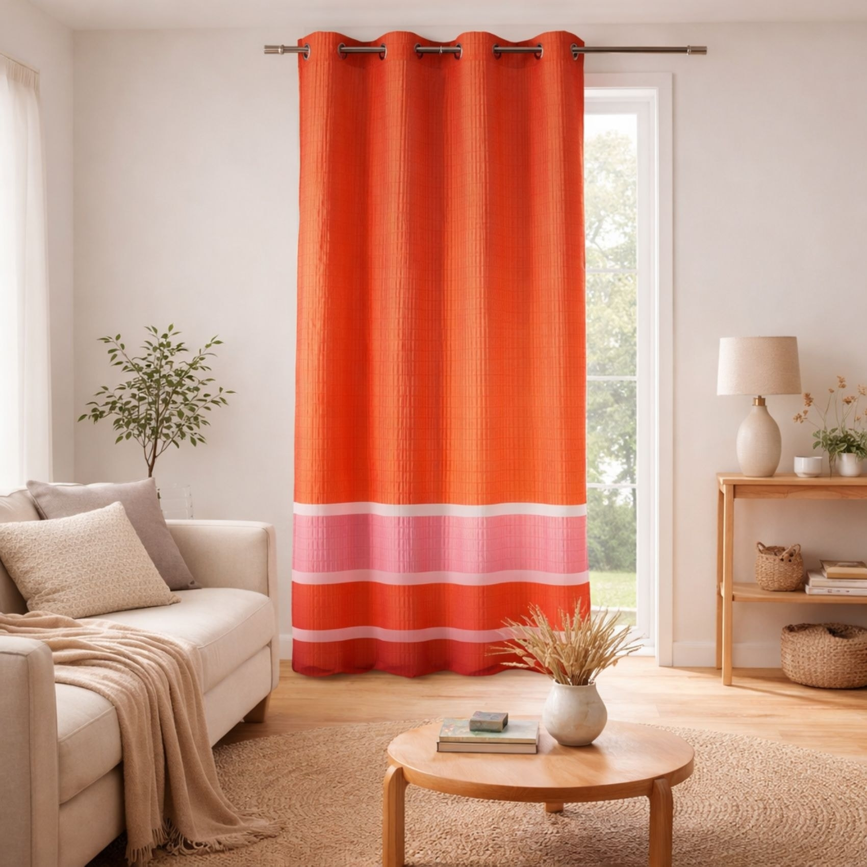 Voilage satiné rayures horizontales - Orange corail