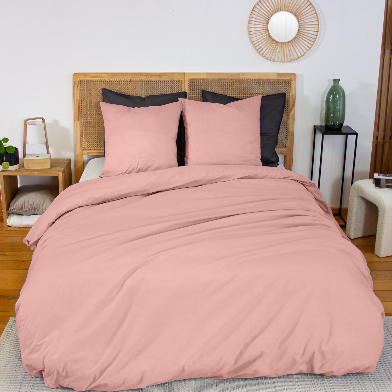 Drap housse percale de coton 65 fils uni - rose thé