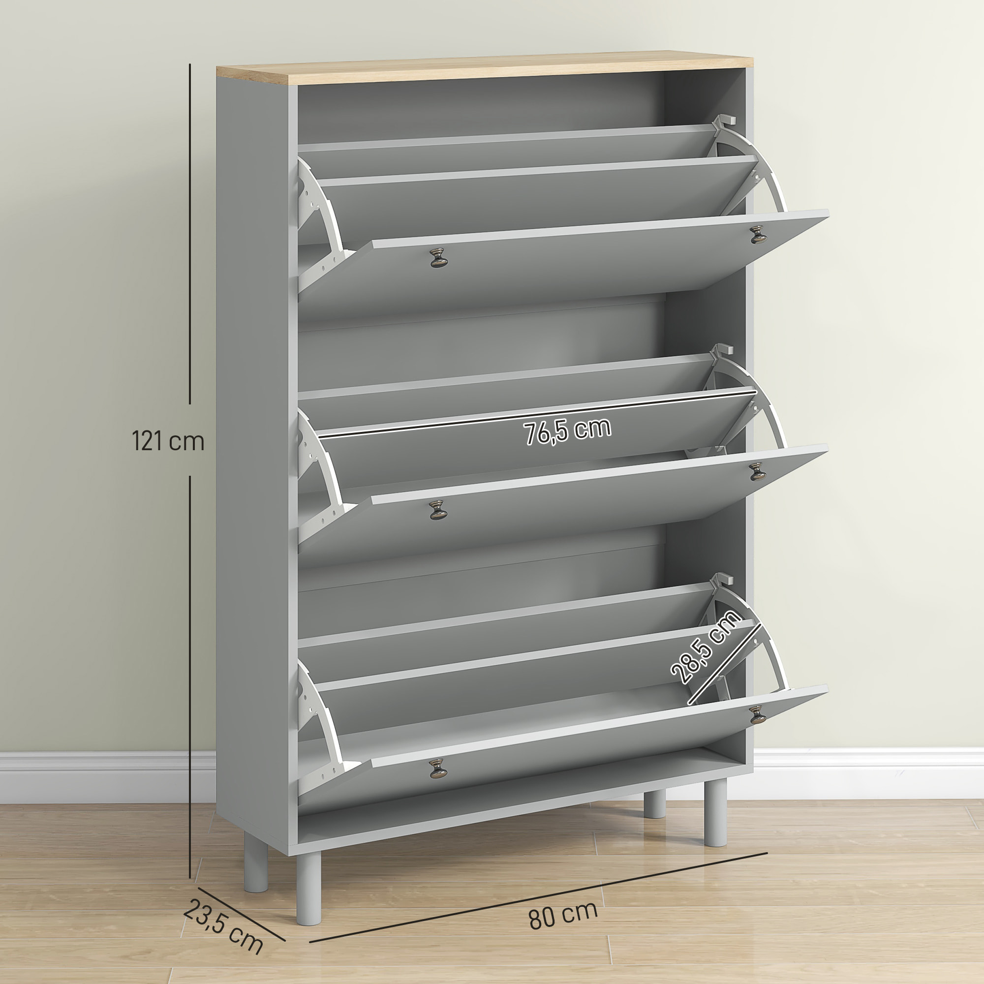 Meuble à chaussures sur pieds 3 portes étagères réglables dim. 80x23,5x121cm gris effet bois