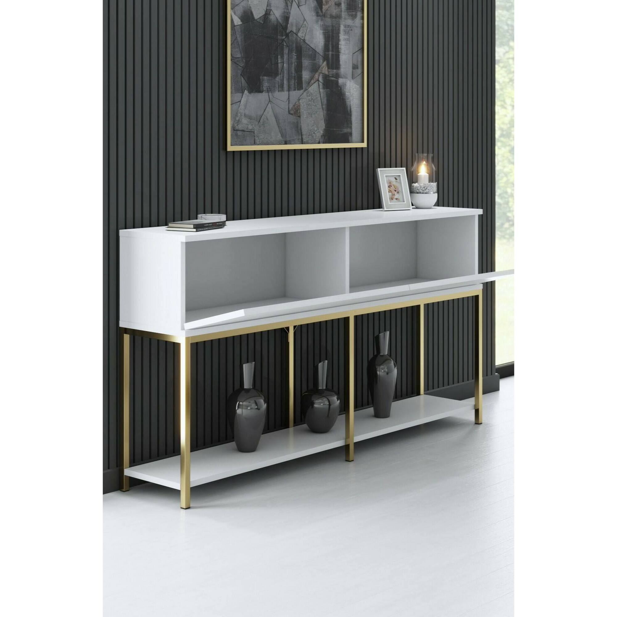 Credenza Djimsit, Buffet da soggiorno, Madia da salotto, Dispensa da cucina, 150x30h80 cm, Bianco e Oro