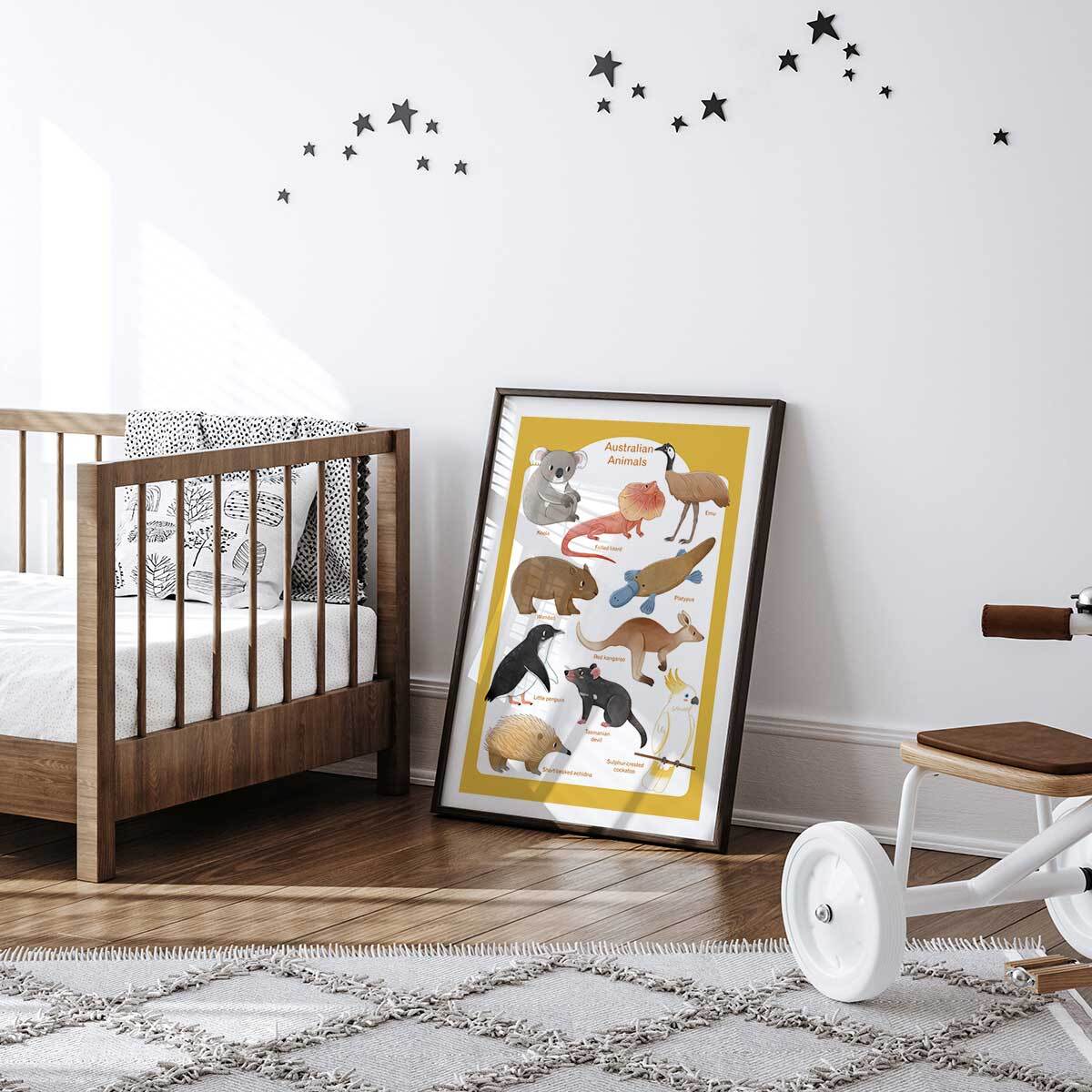 Affiche enfant animaux d' australie  Affiche sous cadre noir