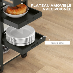 Chariot de service desserte de cuisine à roulettes 2 plateaux amovibles, tiroir, étagère MDF chêne clair bois pin noir