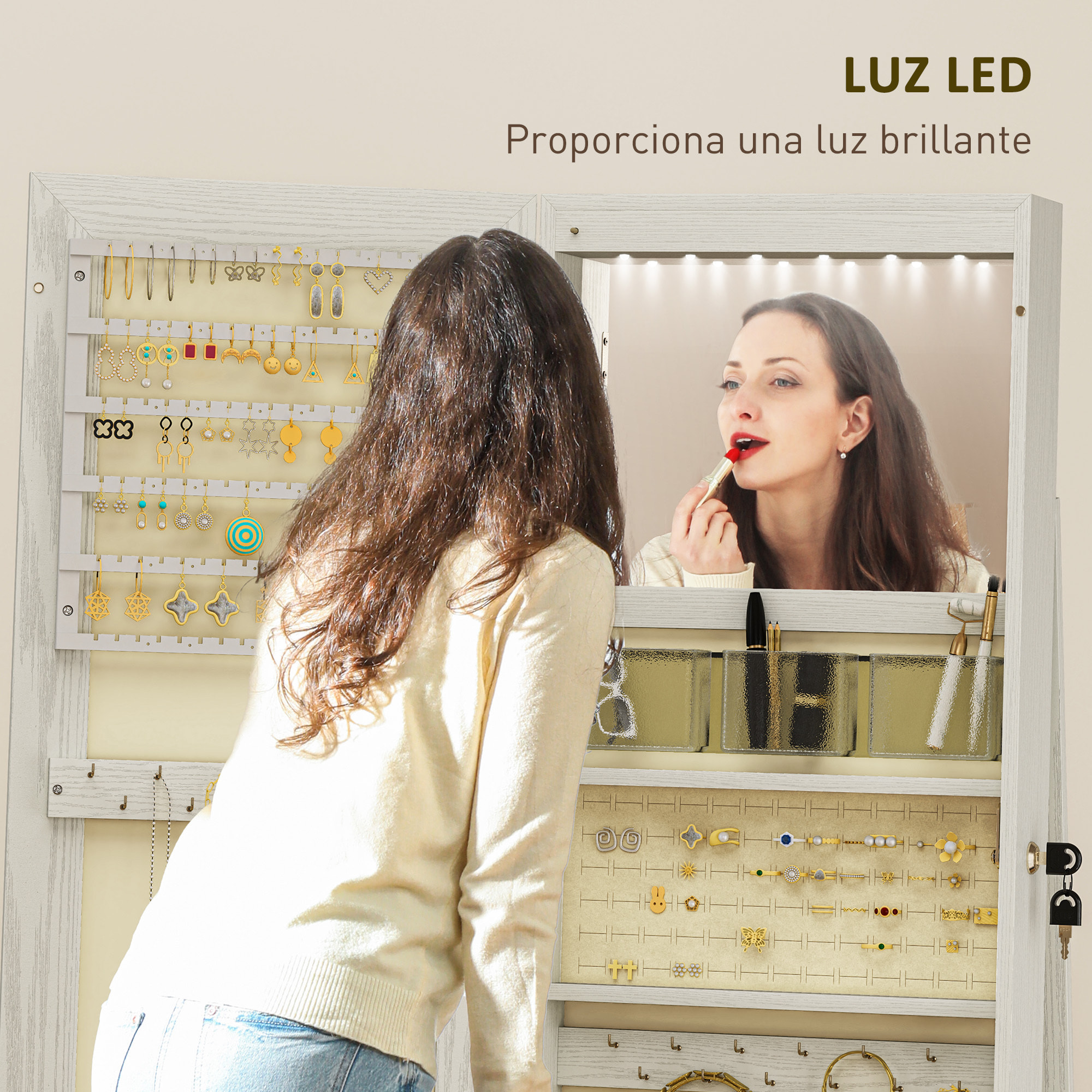 Espejo Joyero de Pie Armario Joyero con Luces LED y Cerradura Armario de Joyas con Espejo Integrada para Dormitorio Blanco con Veta de Madera