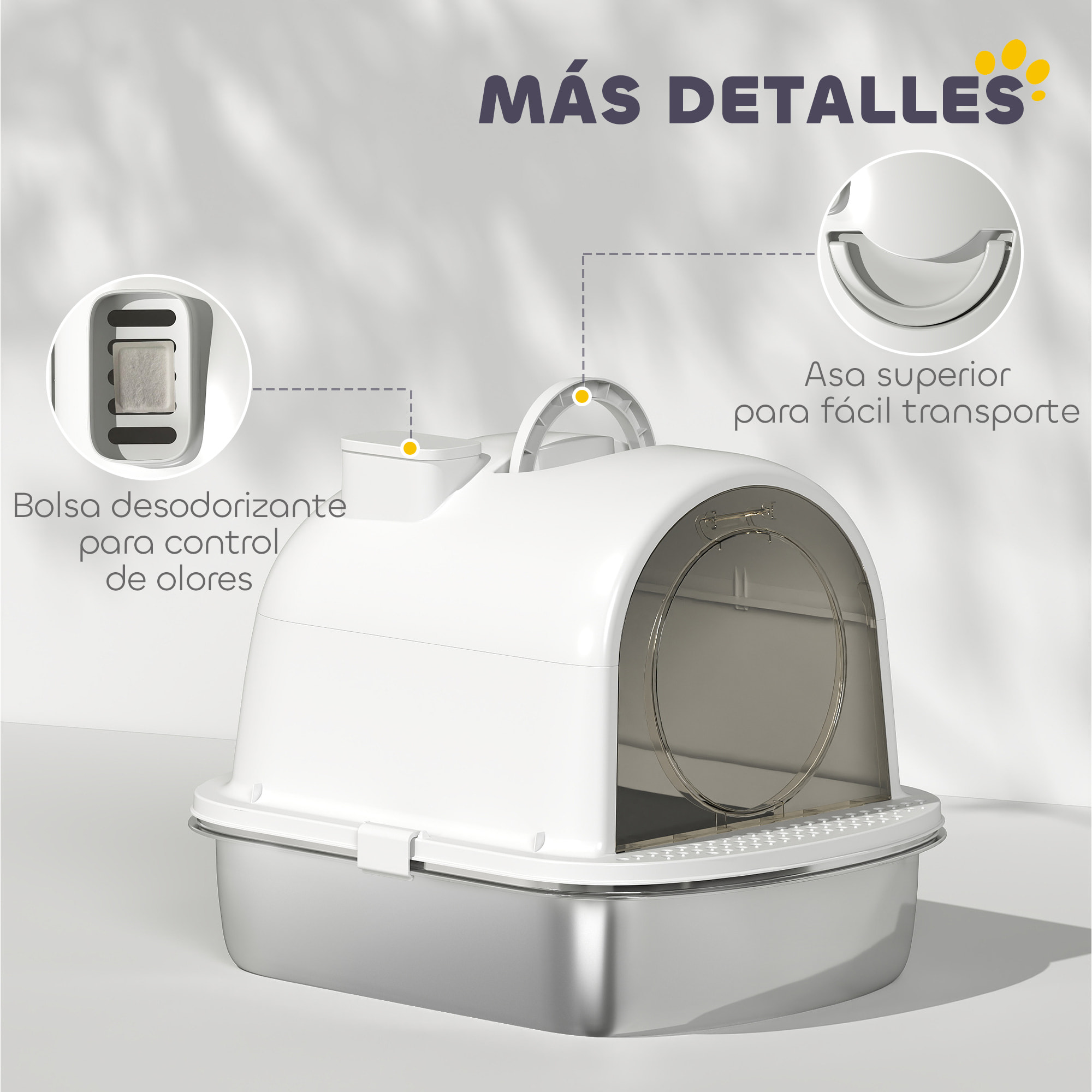 Arenero para Gatos de Acero Inoxidable con Cubierto Caja de Arena para Gatos Arenero con Bolsa Desodorizante Pala Fácil de Limpiar 52,4x41,3x39,9 cm Blanco