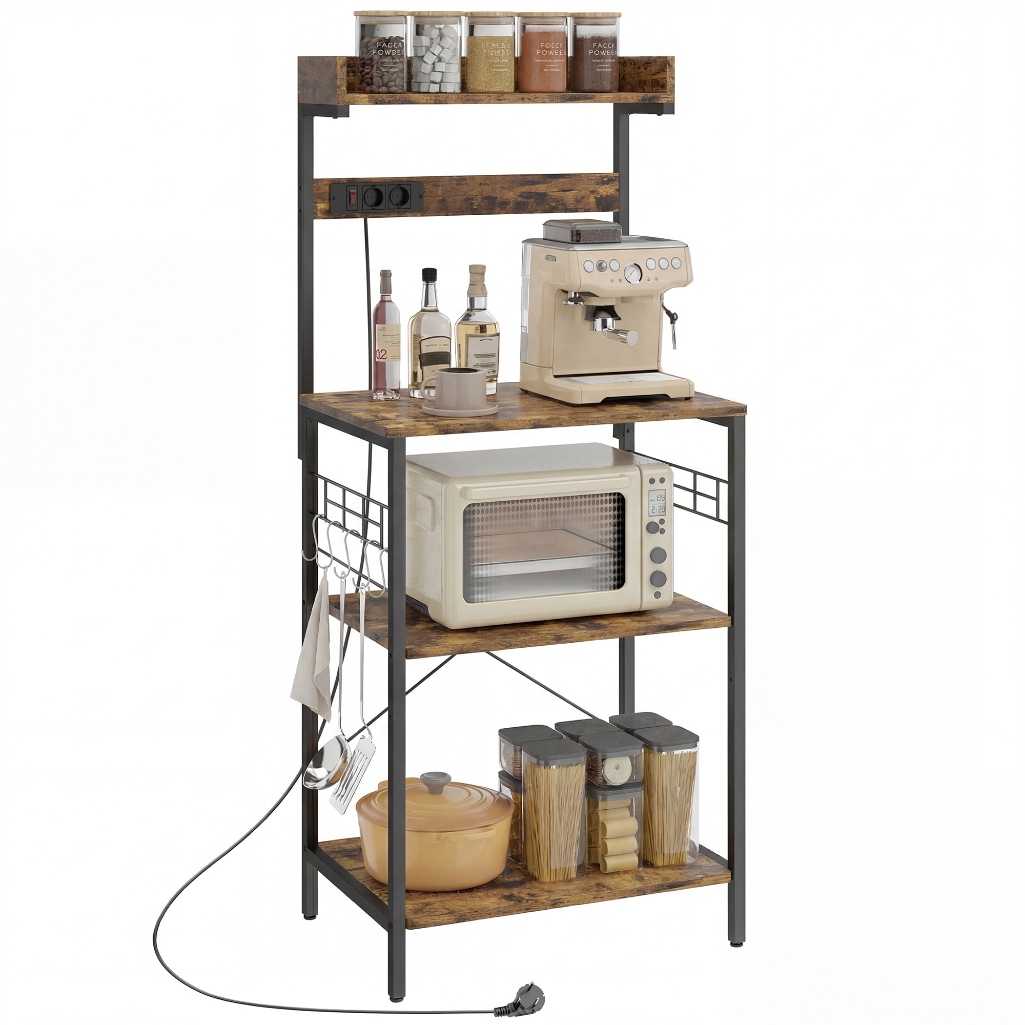 Estantería de Cocina con 2 Tomacorrientes, Estantería de Panadería Industrial con Estación de Café, Estante para Microondas, Estante Ajustable, Ganchos, 60x42x137 cm, Marrón Rústico y Negro