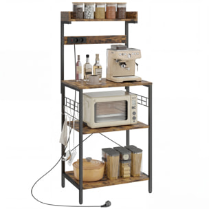 Estantería de Cocina con 2 Tomacorrientes, Estantería de Panadería Industrial con Estación de Café, Estante para Microondas, Estante Ajustable, Ganchos, 60x42x137 cm, Marrón Rústico y Negro