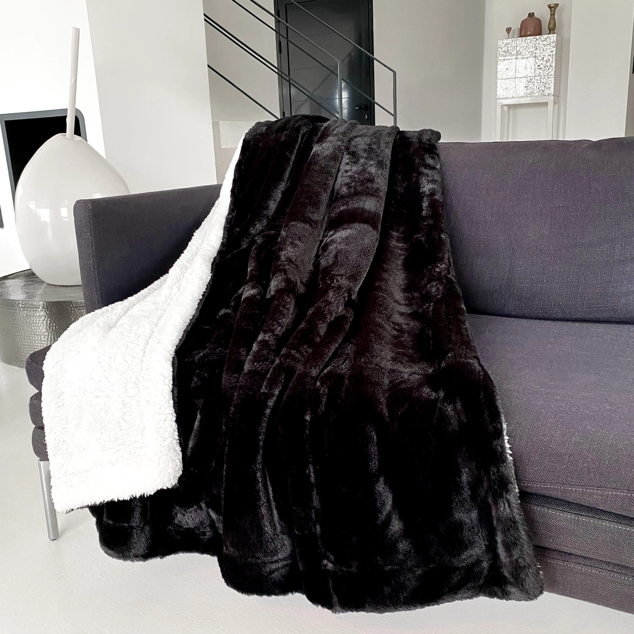Plaid imitation "Lapin" - Cocoon Noir - 130x170cm - 610g/m²