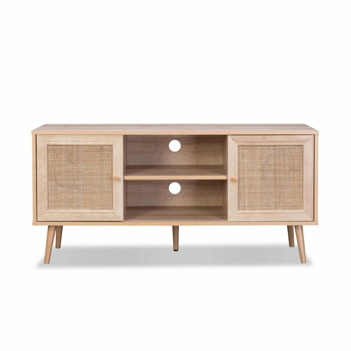 Meuble TV en cannage 120x39x56.5cm - Bohème - Naturel. 2 niveaux. 2 étagères. 2 portes. pieds scandinaves