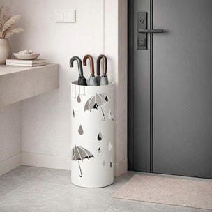 Portaombrelli Rotondo In Acciaio Zincato Con Vaschetta Scolapioggia E 4 Ganci Removibili Base Antiscivolo Design Moderno Ingresso 41 x 17 Cm Bianco