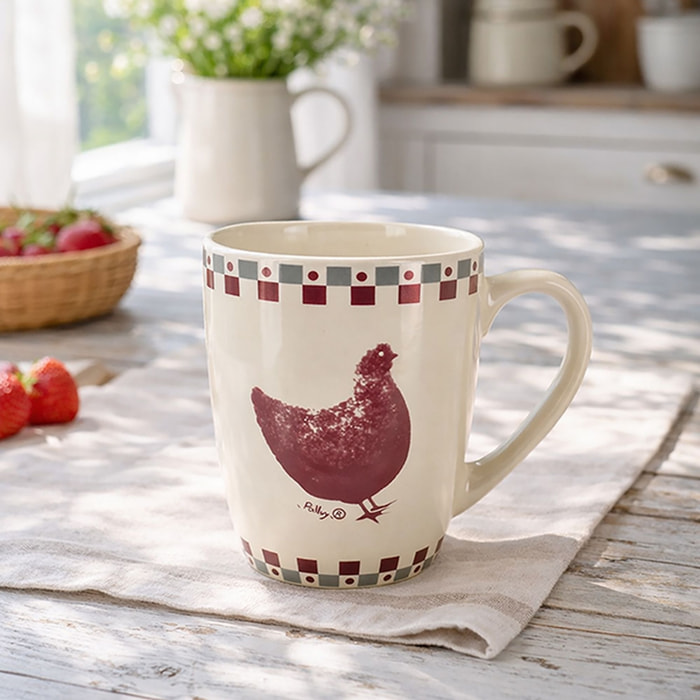 Lot de 6 mugs 38cl en grès avec imprimé poule GALLINA