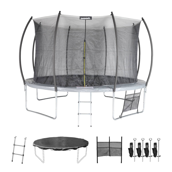 Trampoline rond Ø 370cm gris - Saturne Inner XXL – trampoline de jardin avec filet de protection intérieur. échelle. bâche. filet pour chaussures et kit d'ancrage
