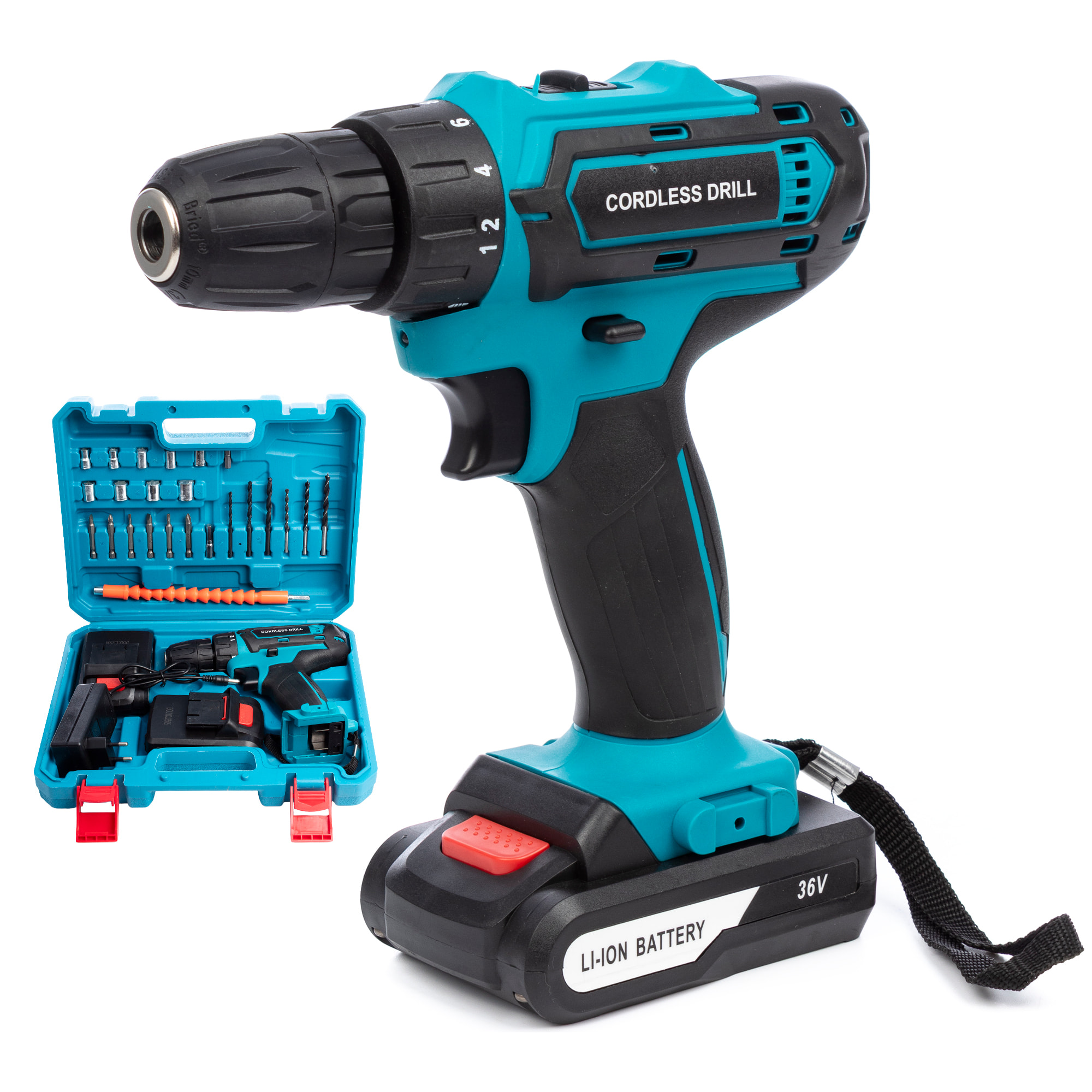 Trapano elettrico senza fili con doppia velocità, 35NM, valigetta di trasporto e 24 accessori. 2 batterie da 6500 mAh.