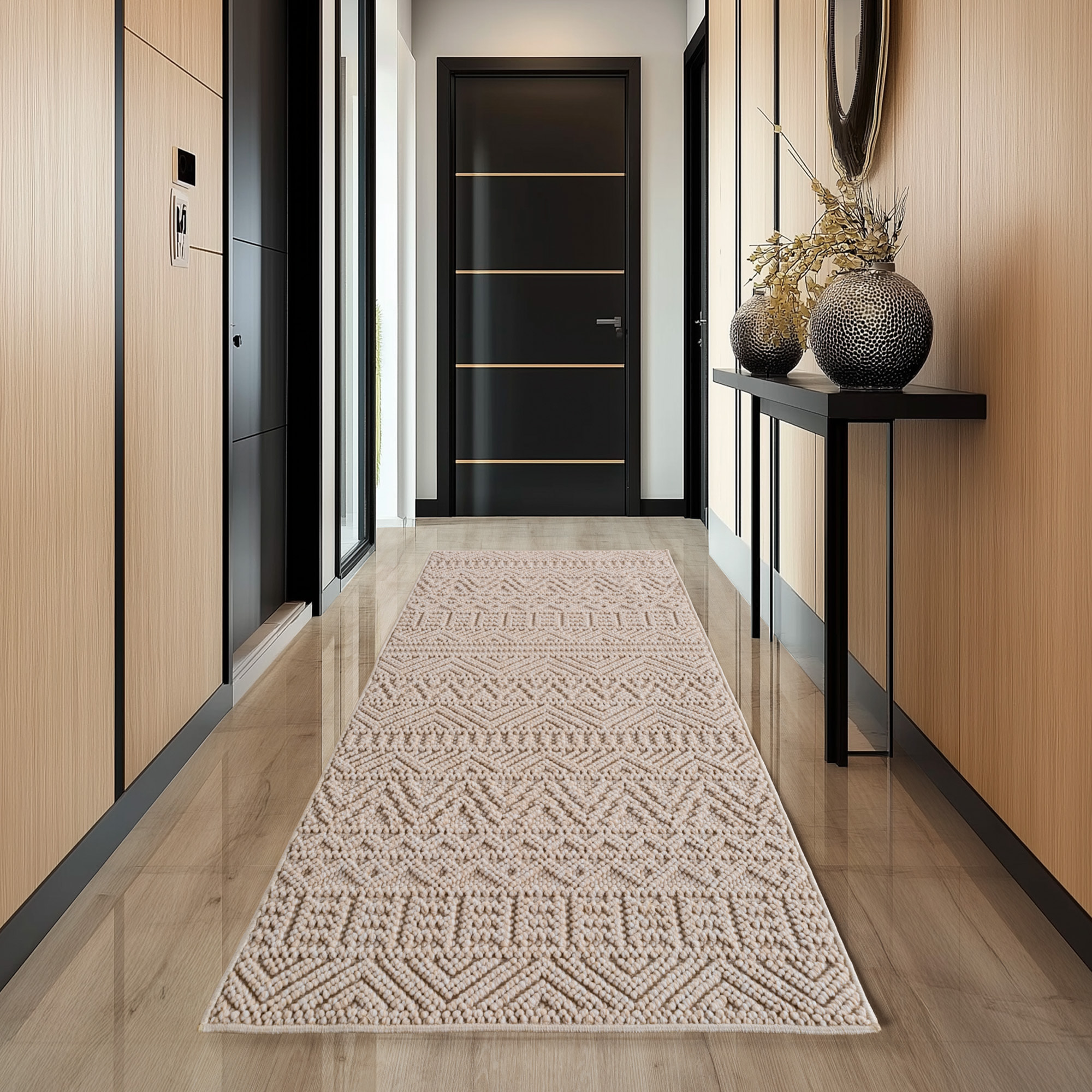 HELIX - Tapis moderne effet laine bouclé à motif berbère en relief beige