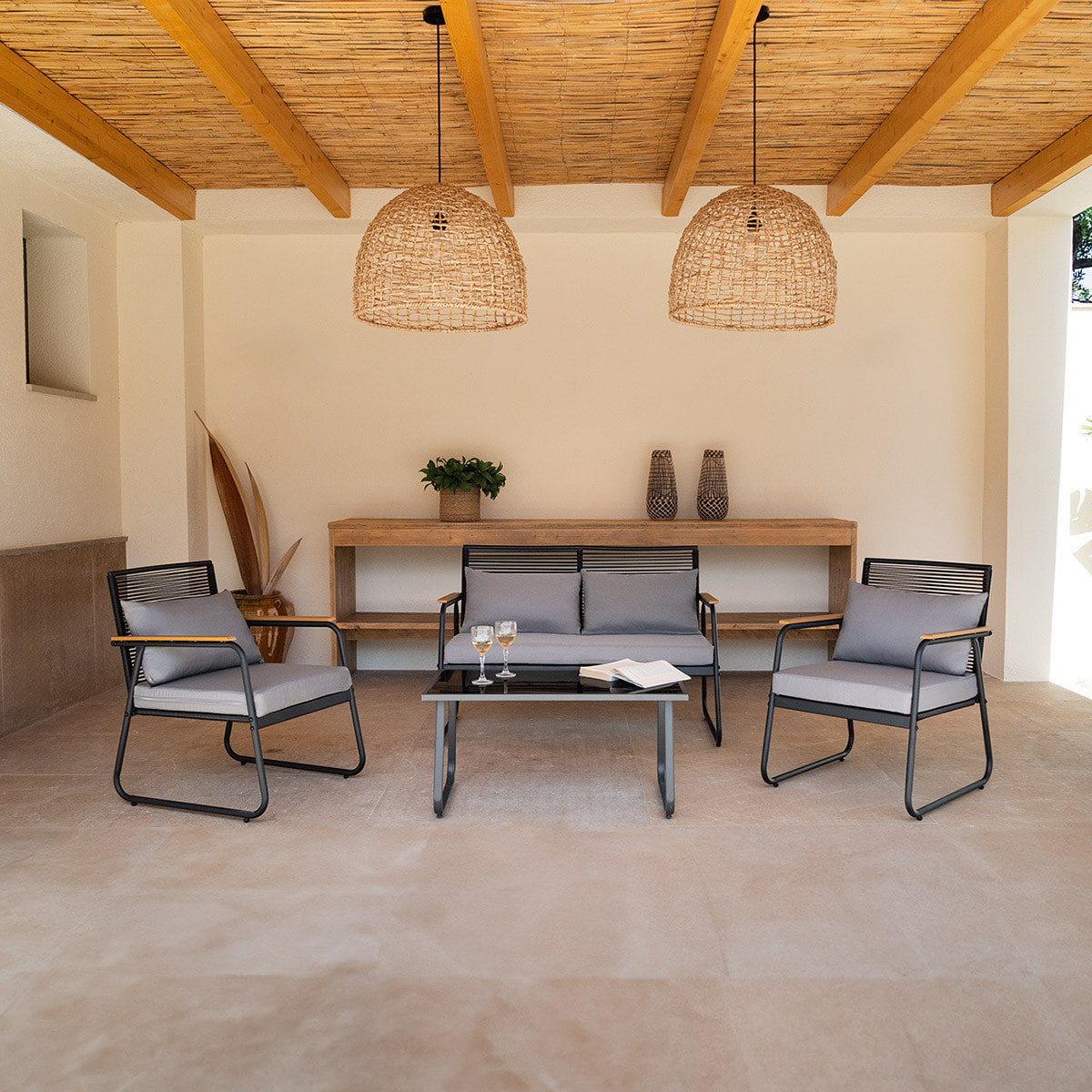 Conjunto de jardín 4 plazas, mesa centro+sofá+sillones de acero gris
