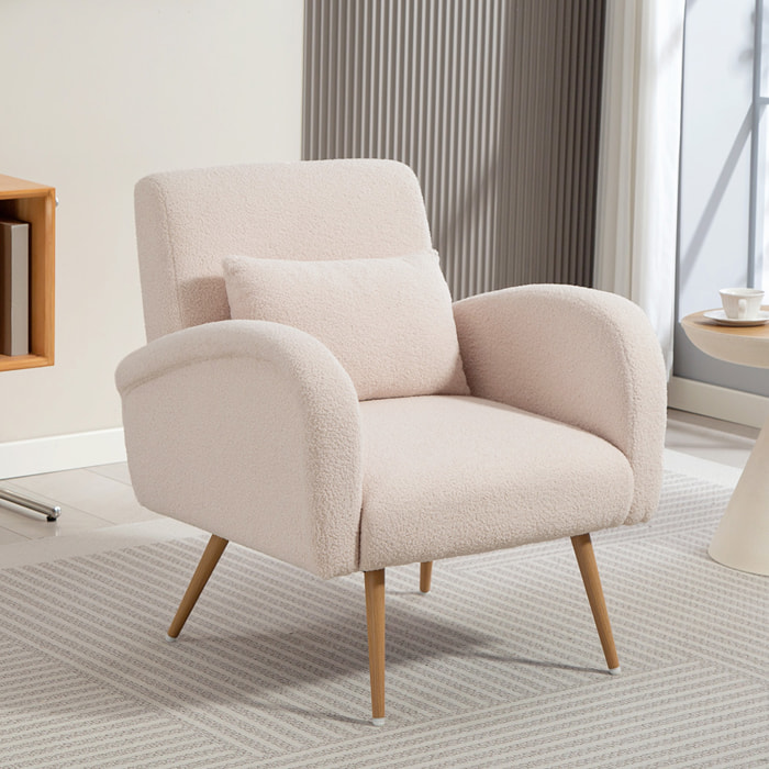 HOMCOM Sillón de Salón de Tela Teddy, Butaca de Salón con Cojín Lumbar Desmontable, Patas de Metal con Efecto Madera, Sillón de Relax para Dormitorio, Oficina, Estudio, Beige