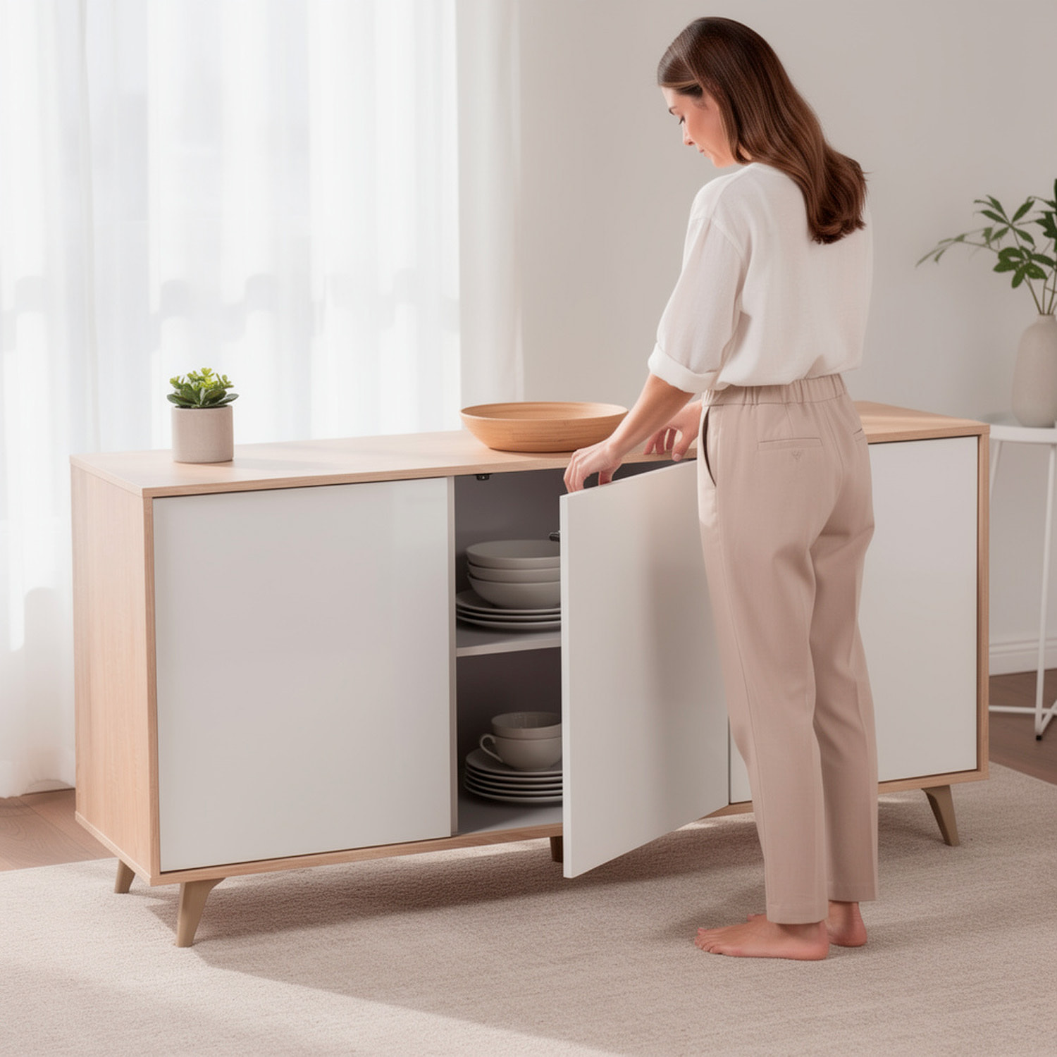 Credenza 3 Ante Con Apertura Push Madia Mobile Contenitore Moderno Con 6 Ripiani Interni Per Soggiorno Sala Da Pranzo 154 x 40 x 75 Cm Rovere Bianco