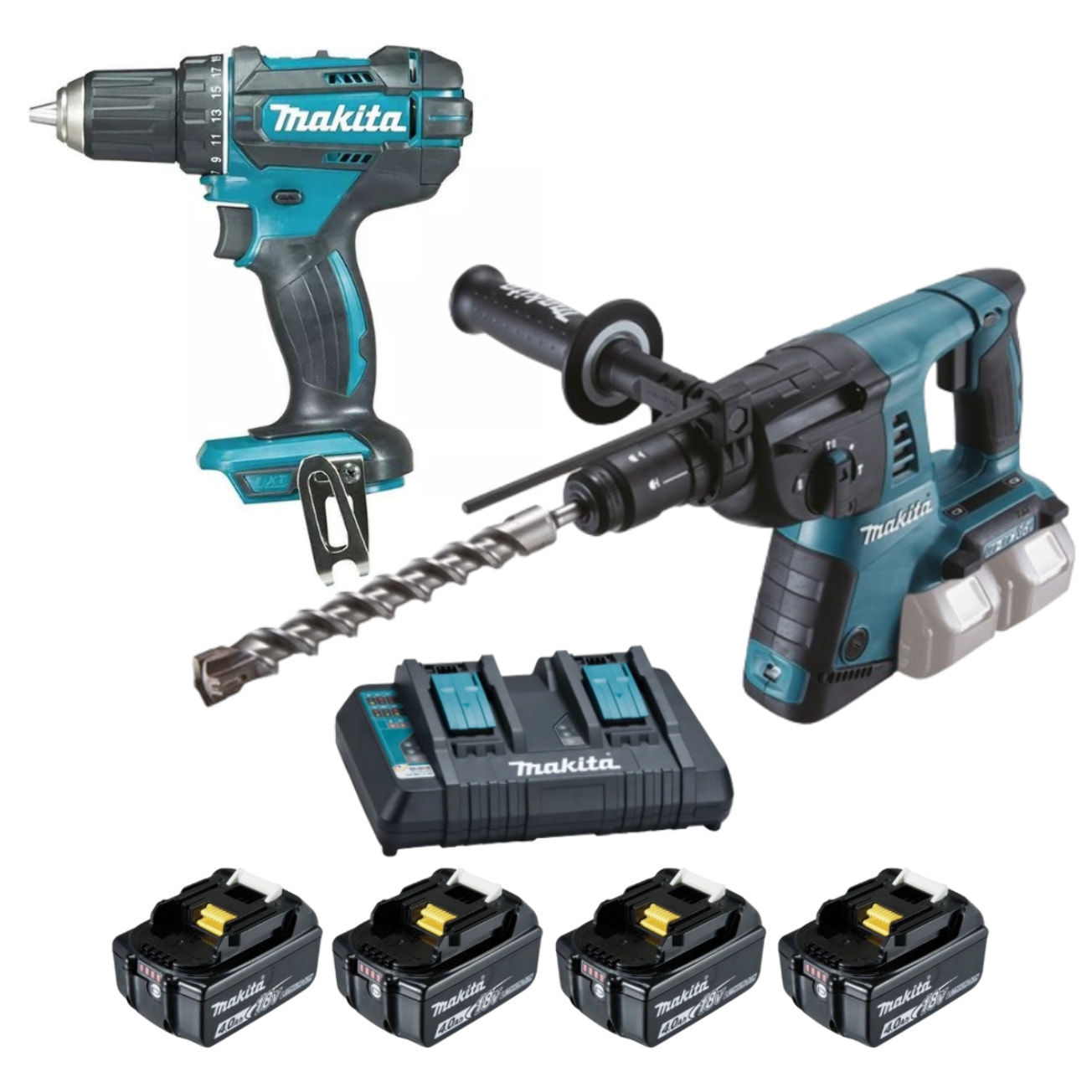 Perceuse visseuse DDF482 + Perforateur burineur SDS-PLUS DHR264 - MAKITA - avec 4 batteries 18V 4.0Ah + chargeur double - LOT0234