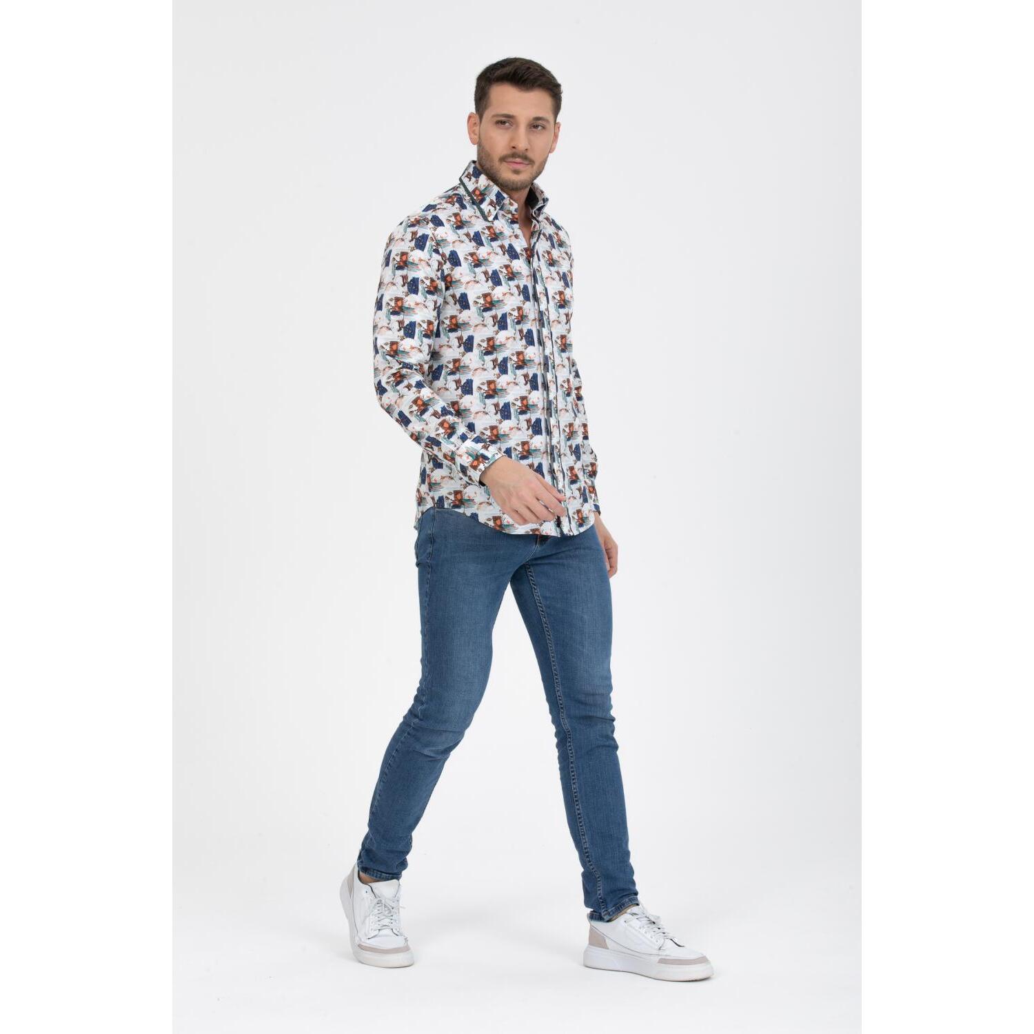 Camicia Uomo 2bottoni Button Down Doppio Collo Slim Popeline Fantasia grigio chiaro e rosa