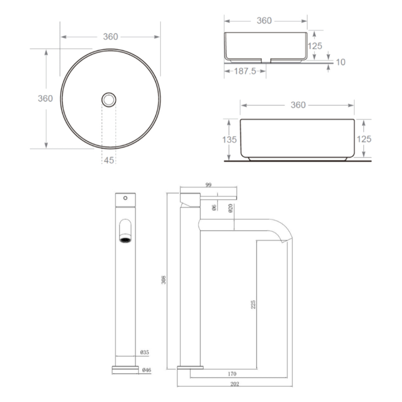 Aurum mitigeur lavabo 30,8 cm inox + Ceramia PixL 36x12,5 cm vasque à poser, sans trop-plein, blanc brillant (SAT285BGCEPX3636)