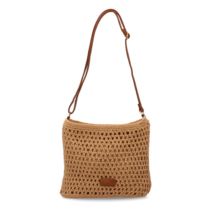 Bandolera de rafia para mujer, diseño moderno, interior con un compartimento principal de cremallera