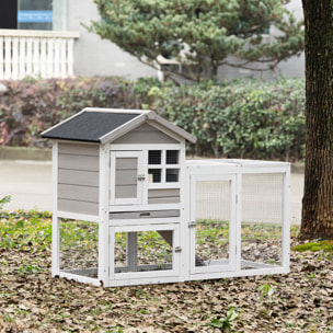 Clapier cage à lapins cottage - niche supérieure avec rampe et enclos extérieur - plateau excrément, toit bitumé, 4 portes verrouillables - bois sapin blanc gris
