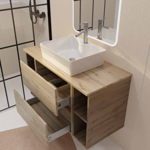 Meuble salle de bains 100 TIMBER Décor Chêne 2 Tiroirs Vasque Blanche Rectangulaire Miroir LED 60x80