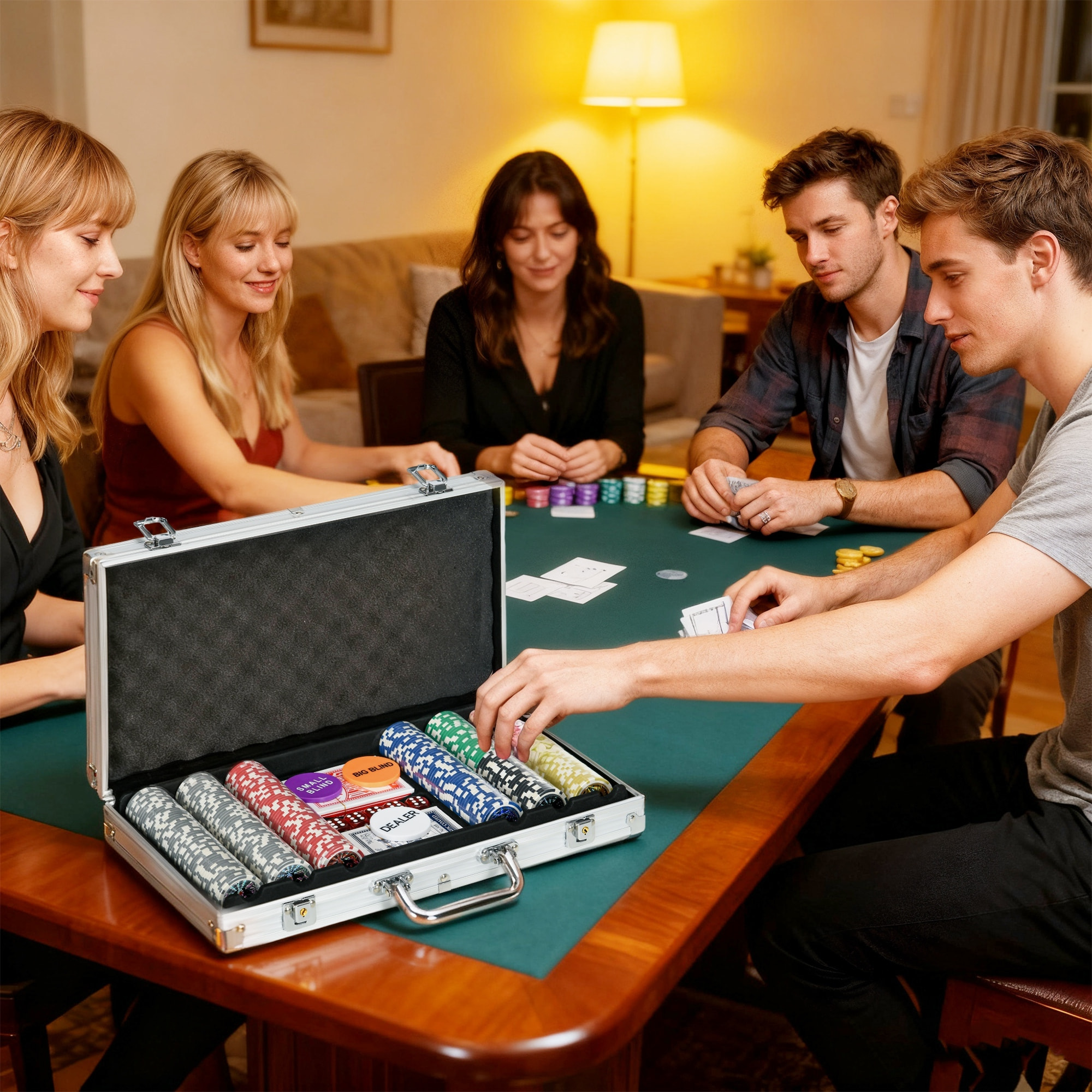 Juego de Póker Profesional, Maletín de Póker de Aluminio con 300 Fichas de 11,5 g, 2 Barajas de Cartas, 5 Dados, Tapete y Botón de Crupier, para 7-8 Jugadores con Cerradura, Plateado