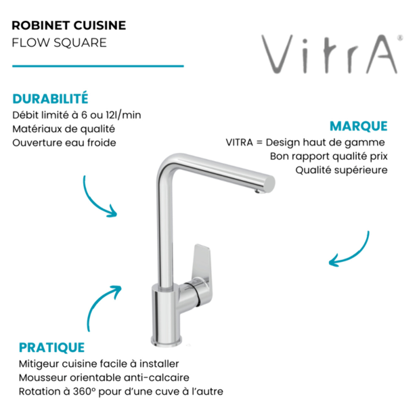 Robinet de cuisine bec haut Flow Square chromé