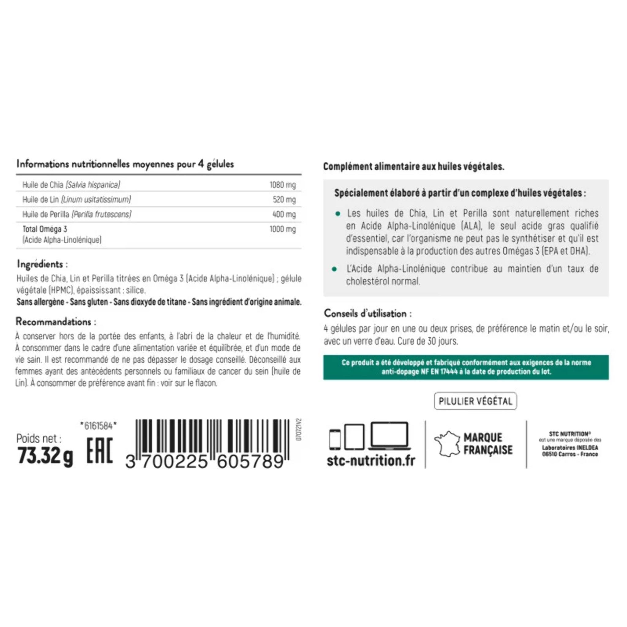 Omega 3 vegetal - Complément Alimentaire aux Huiles Végétales de Lin, Chia & Perilla - Source d'Acides Gras Essentiels Végétaux - Soutien du Fonctionnement Cardio-Vasculaire - Lot de 2