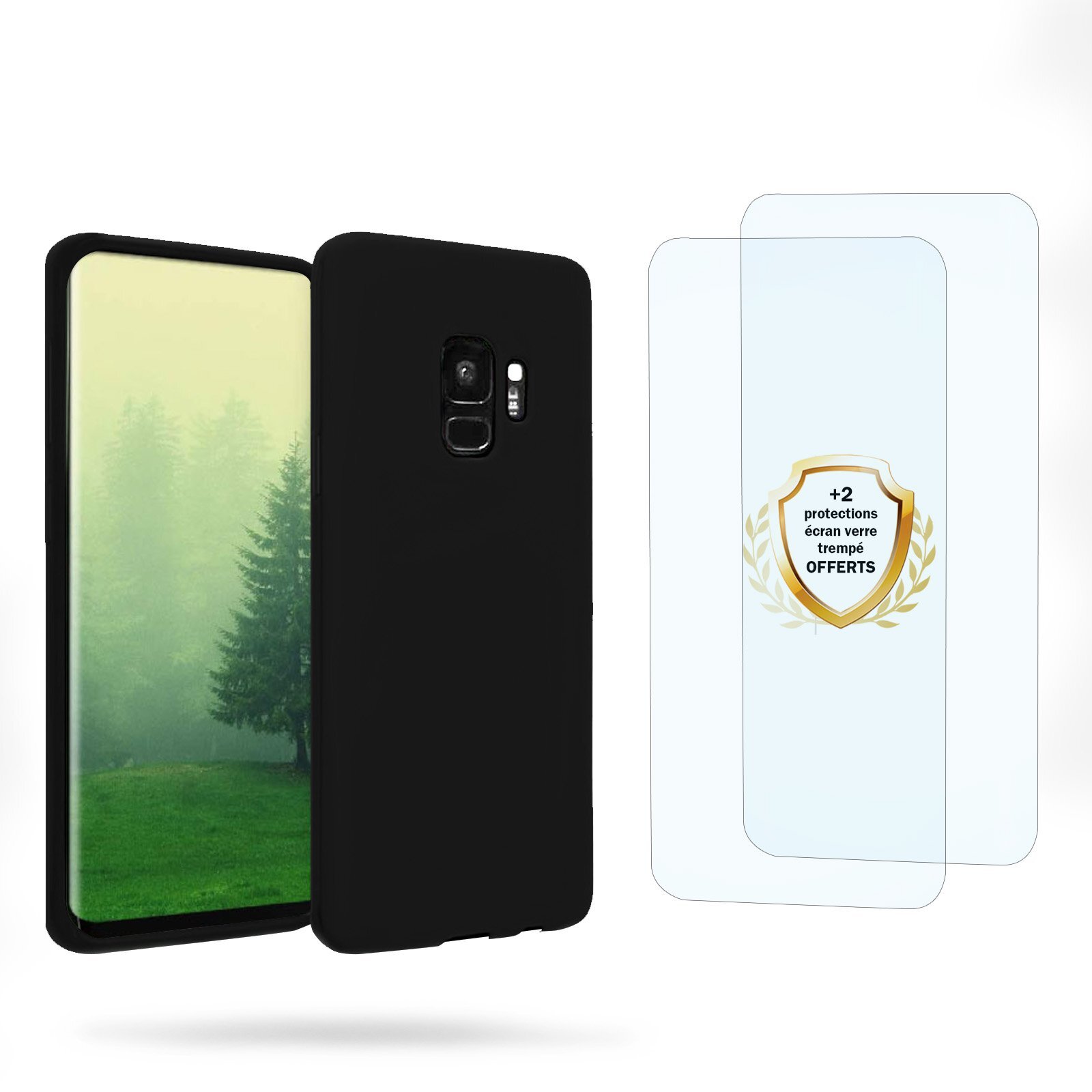 Coque Samsung Galaxy S9 Noire Silicone liquide + 2 Vitres en Verre trempé Protection écran Antichocs