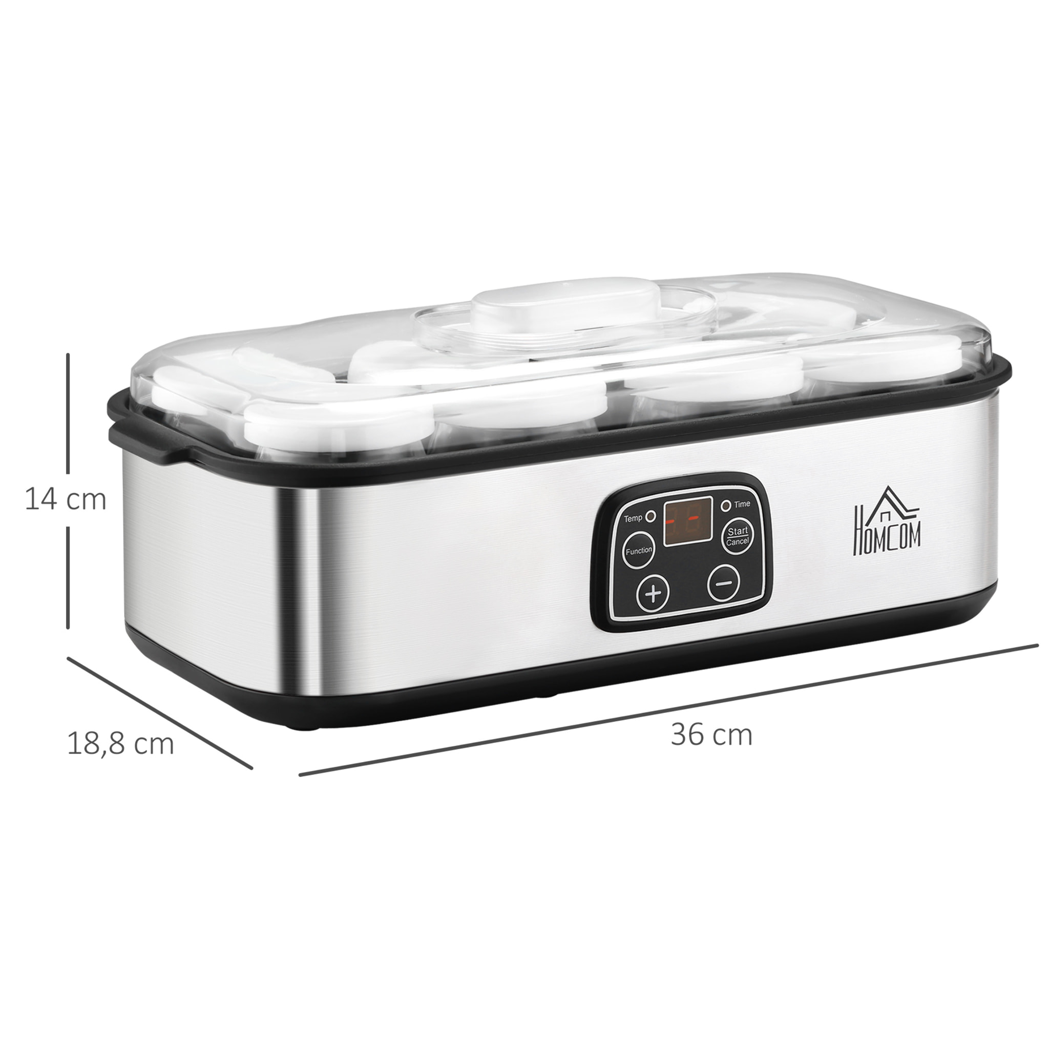 Yogurtera 30W Capacidad 1,44L con 8 Tarros de Cristal de 180 ml Termostato Ajustable Temporizador de 1-48 Horas y Apagado Automático 36x18,8x14 cm Plata