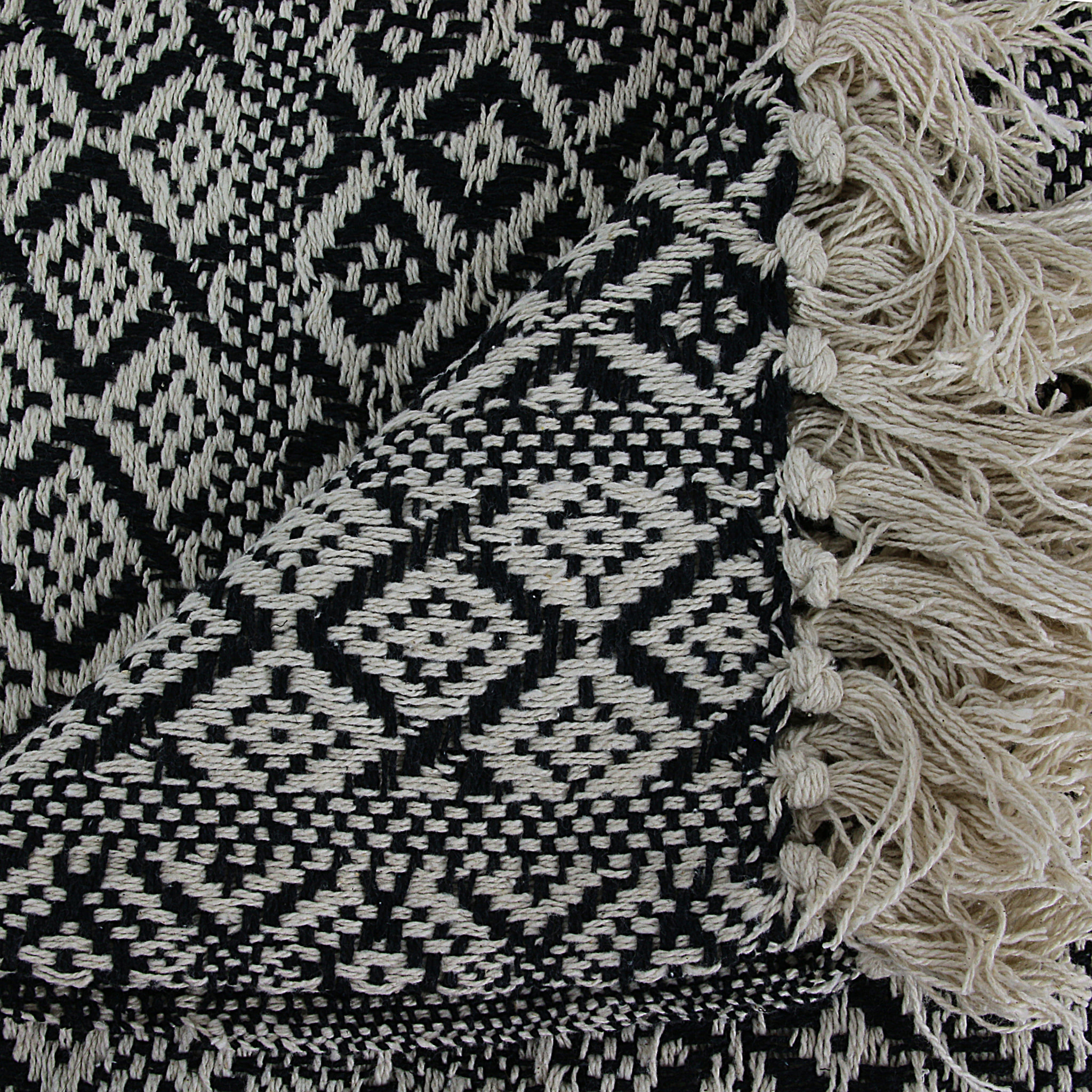 Plaid - HOME DECO FACTORY - Ethnique Frange Carreaux - Motifs Géométriques - Blanc et Noir