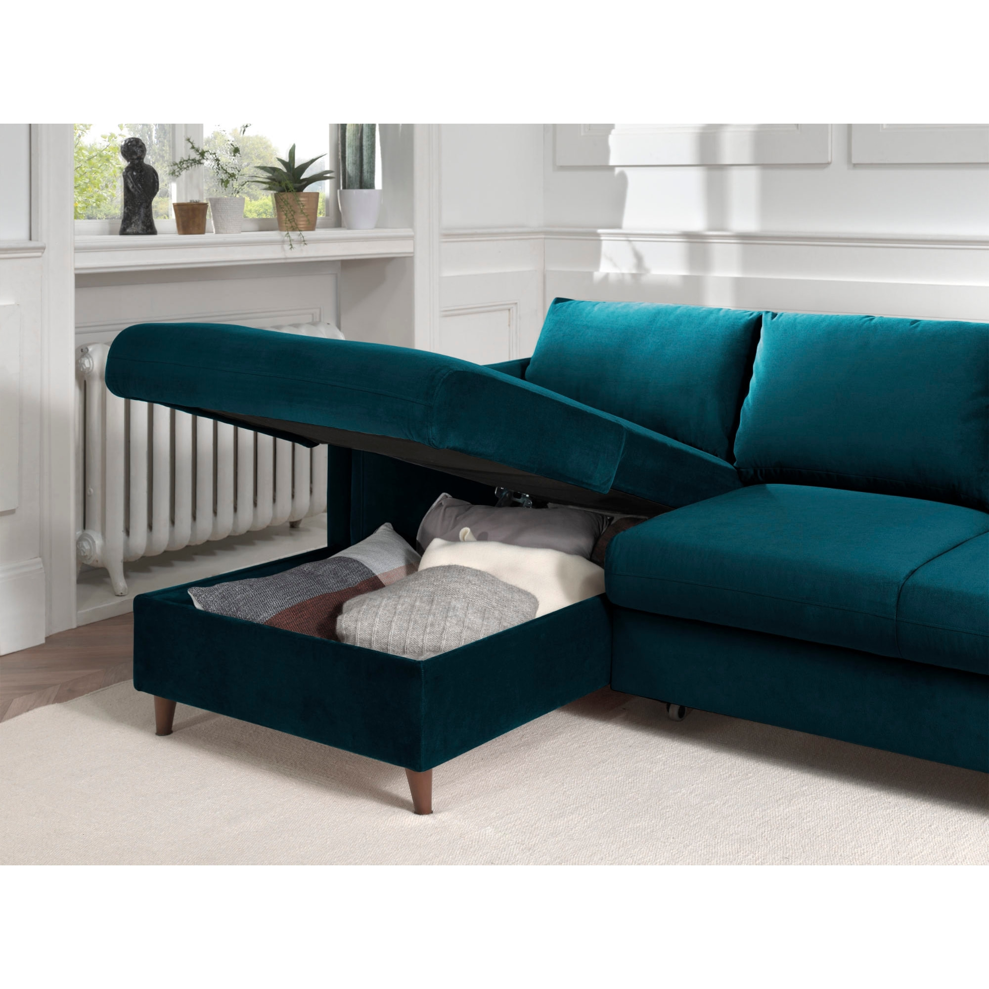 Brooke - canapé d'angle gauche - convertible avec coffre - 4 places - en velours - Bleu canard