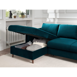Brooke - canapé d'angle gauche - convertible avec coffre - 4 places - en velours - Bleu canard