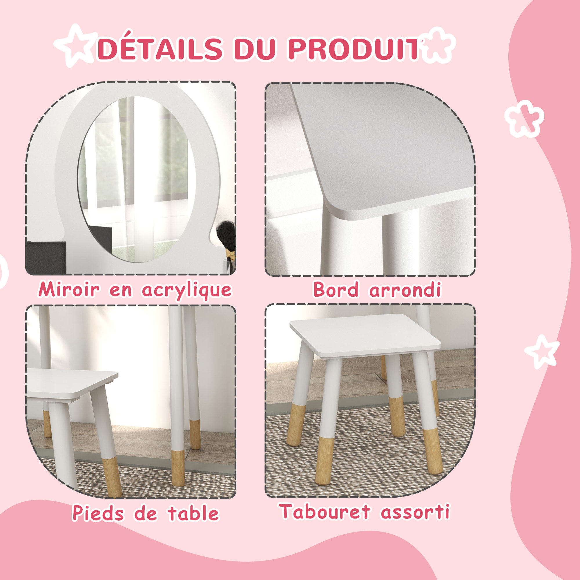 Ensemble coiffeuse pour enfants avec tabouret, coiffeuse 2 pièces pour enfants de 3 à 6 ans - blanc