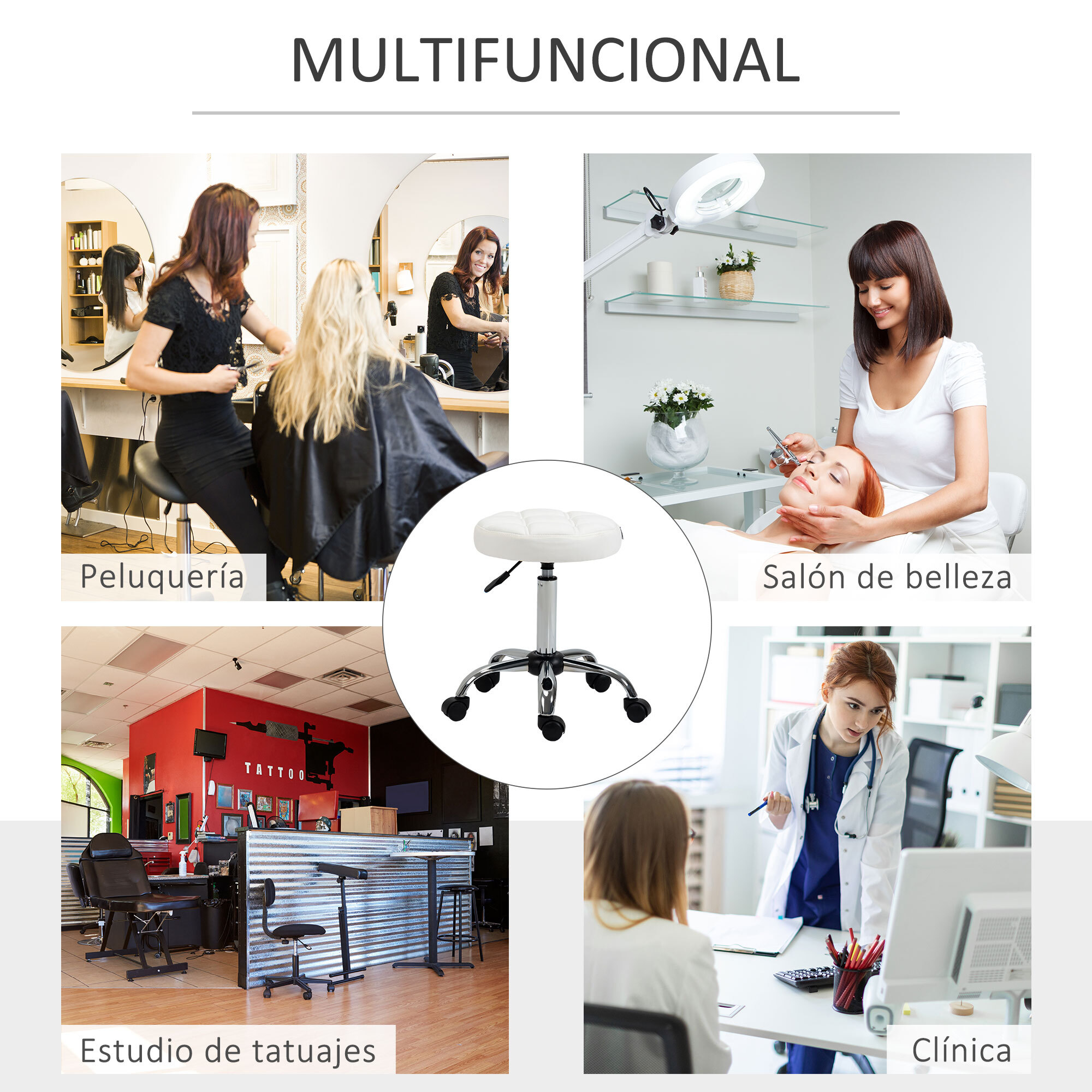 Taburete Giratorio con Ruedas Regulable en Altura de 48-63 cm Taburete de Trabajo Tapizado en Cuero PU para Peluquería Cosmética Dentista Diámetro Ø35,5 cm Blanco