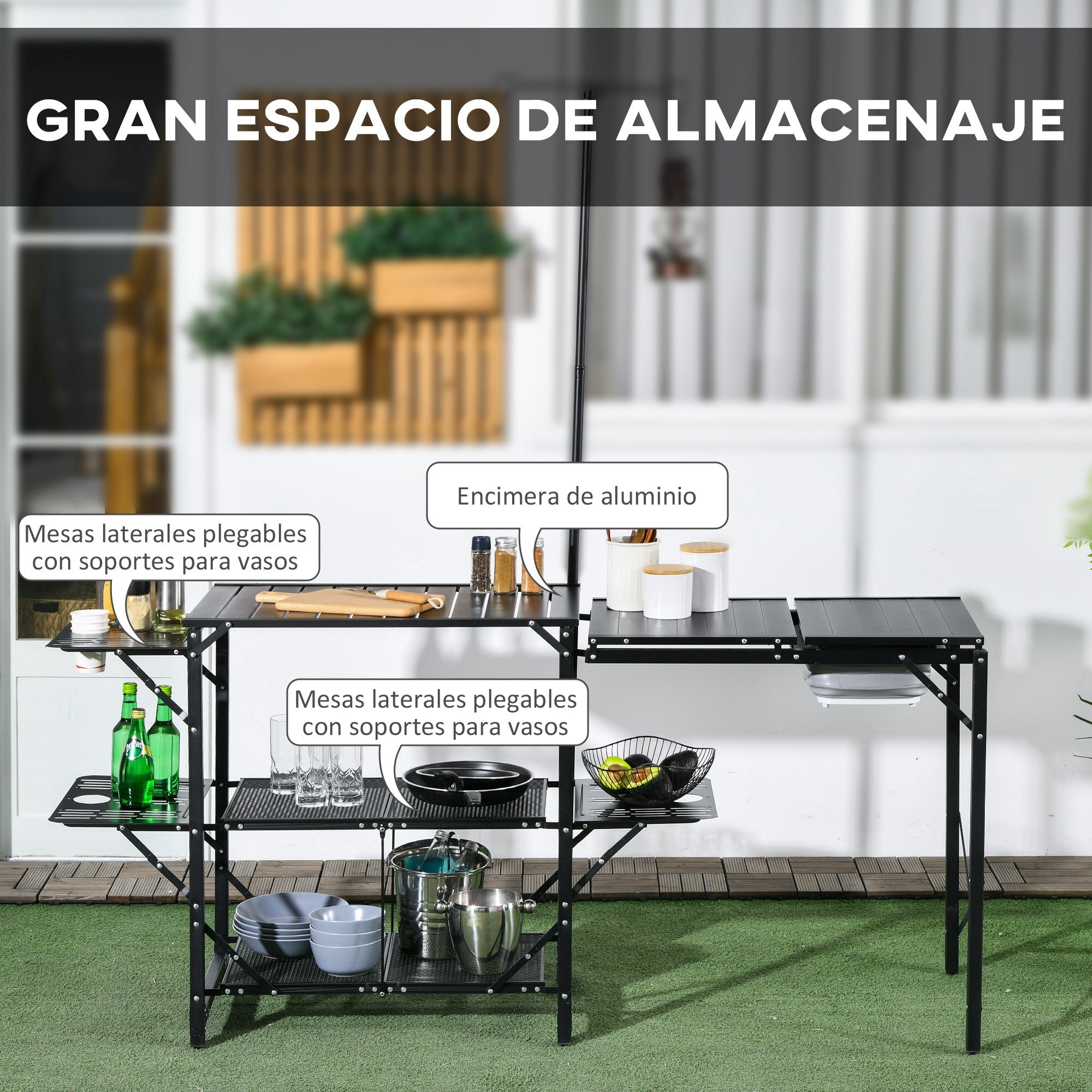 Mesa de Cocina de Camping de 3 Niveles Mesa de Camping Plegable Portátil con Estantes de Almacenaje Fregadero Soporte para Lámpara y Bolsa de Transporte para Exterior 173x52x80-174 cm Negro