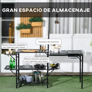 Mesa de Cocina de Camping de 3 Niveles Mesa de Camping Plegable Portátil con Estantes de Almacenaje Fregadero Soporte para Lámpara y Bolsa de Transporte para Exterior 173x52x80-174 cm Negro