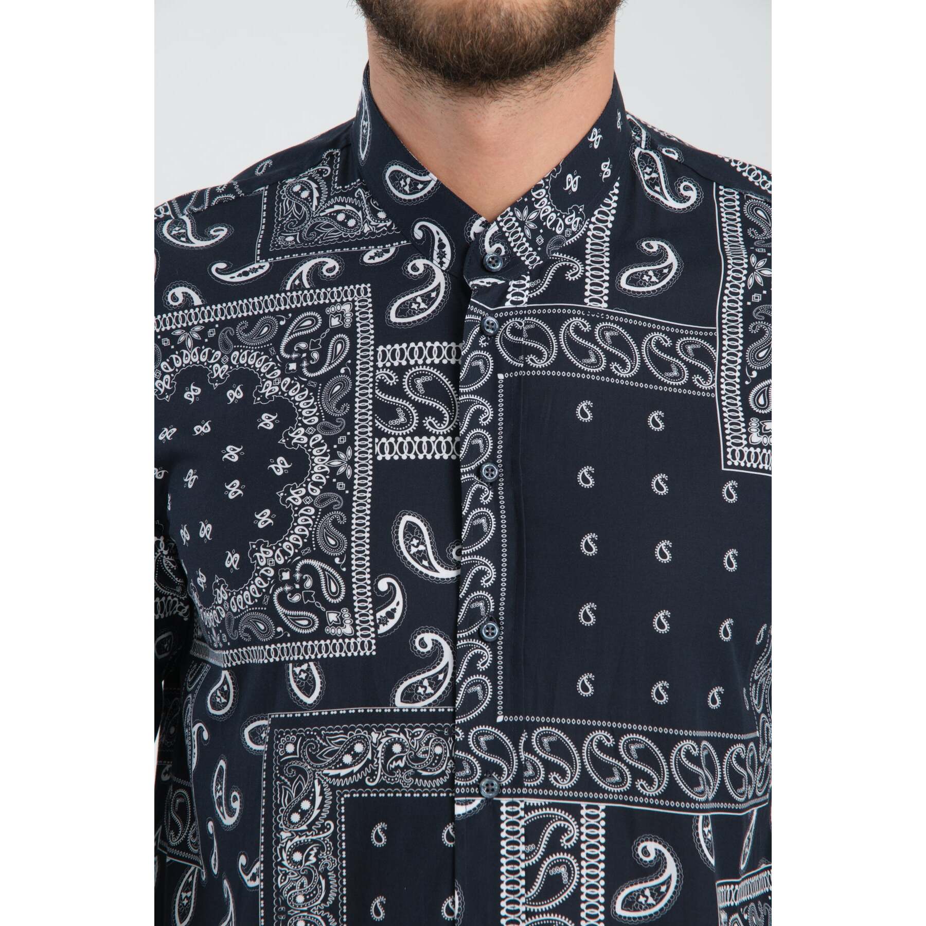 Camicia Uomo Coreano Popeline Fantasia Nero/Bianco