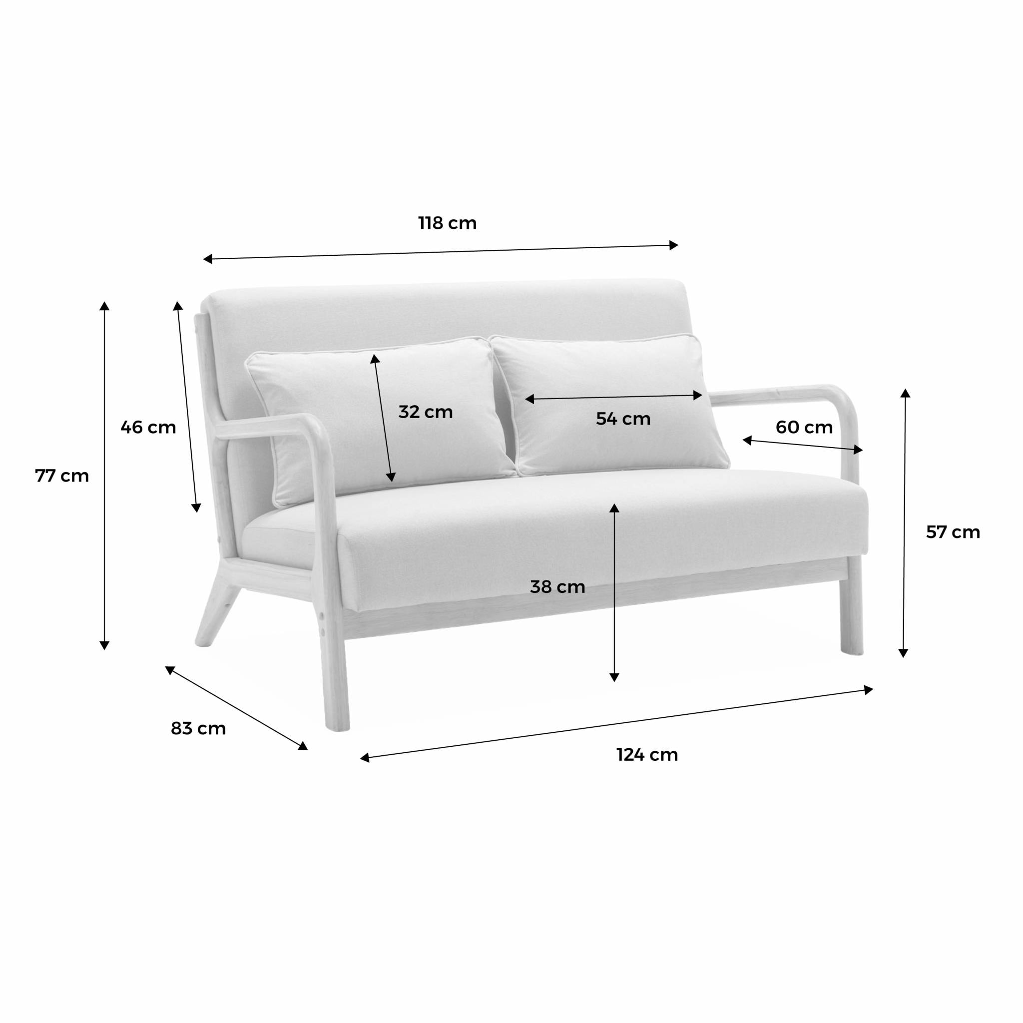 Banquette 2 places scandinave en bois et tissu bouclette. Lorens. L 124 x P 83 x H 77cm